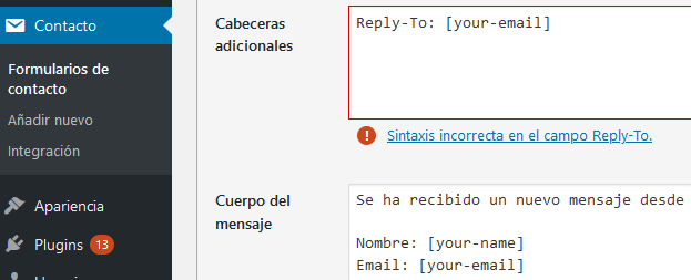 Solución error en contact form 7, sintaxis incorrecta Reply-to